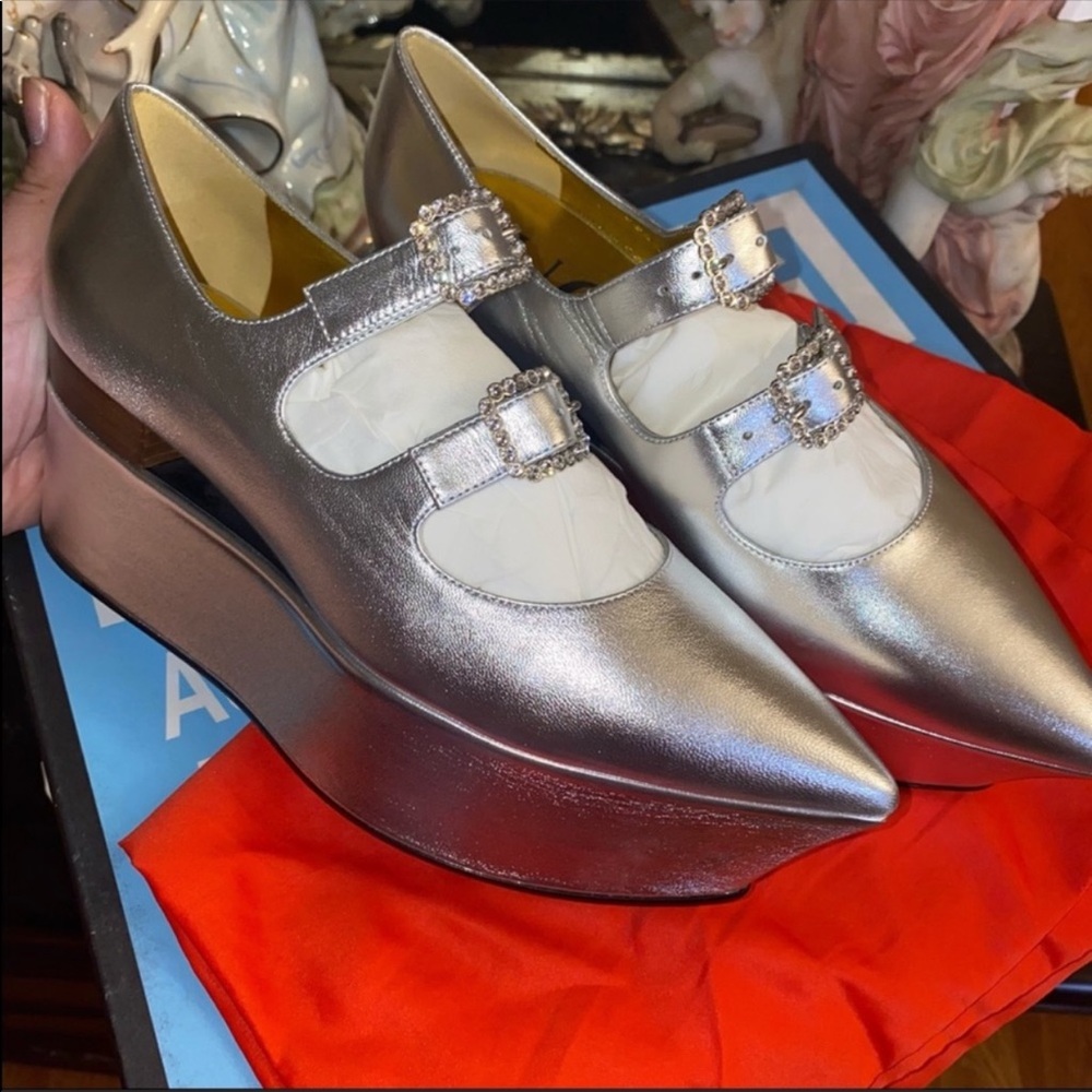 Gucci Rare Silver Wedges with Crustal Buckles Pointed Toe Maryjane Style